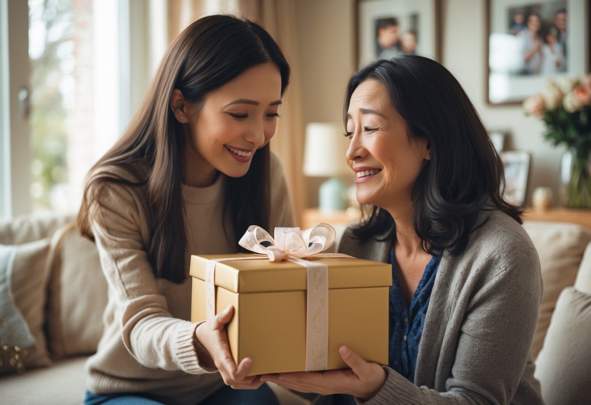 A daughter giving a wrapped gift to her smiling mother in a cozy living room, both sharing a warm and emotional moment.