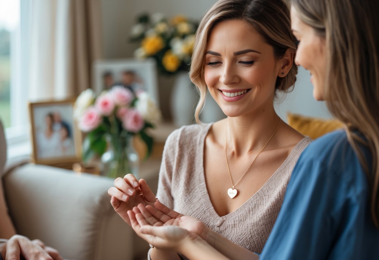 A mother smiling as she receives a personalized necklace from a family member in a cozy living room.