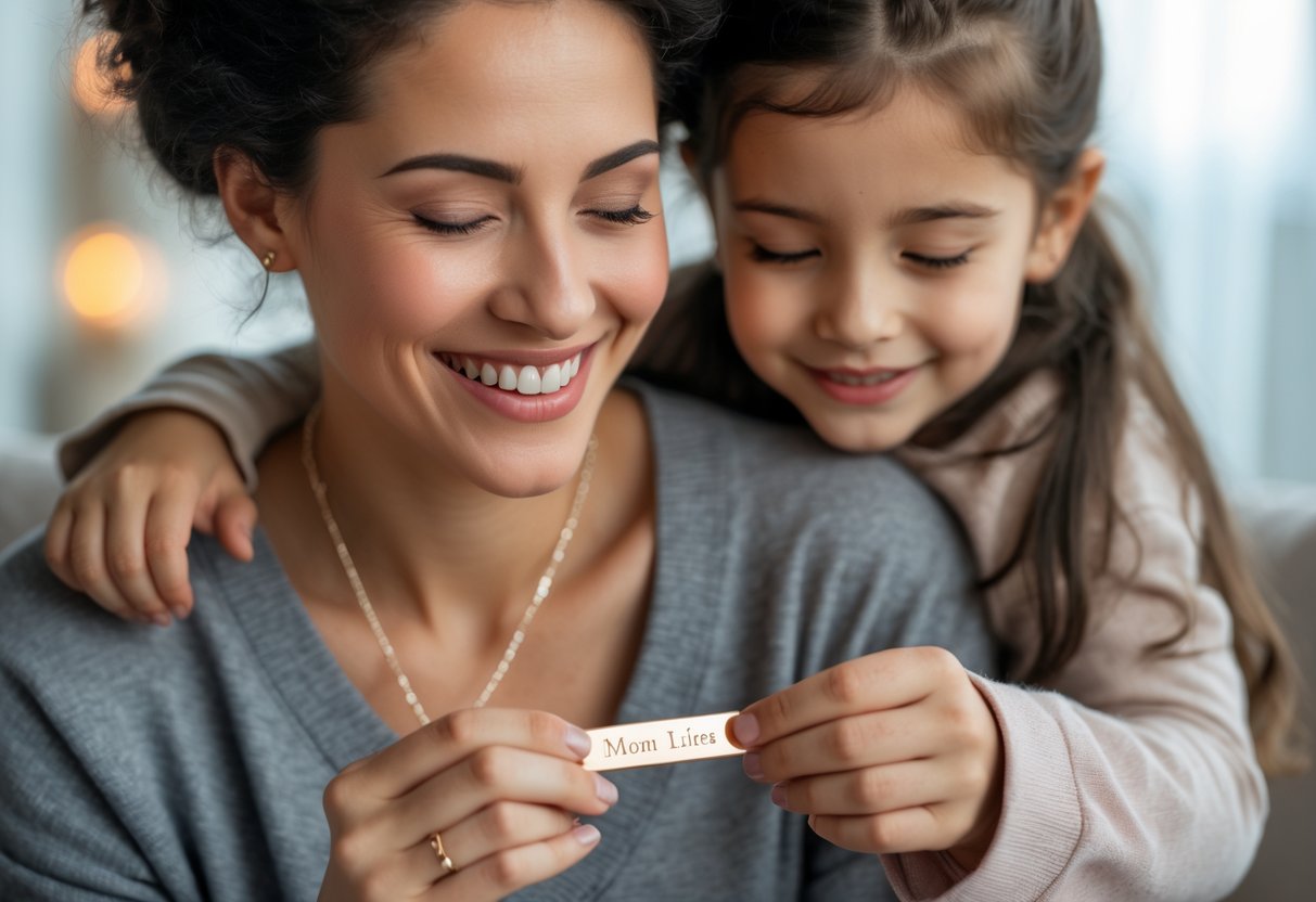 A mother smiling warmly while holding a personalized necklace as her child embraces her.