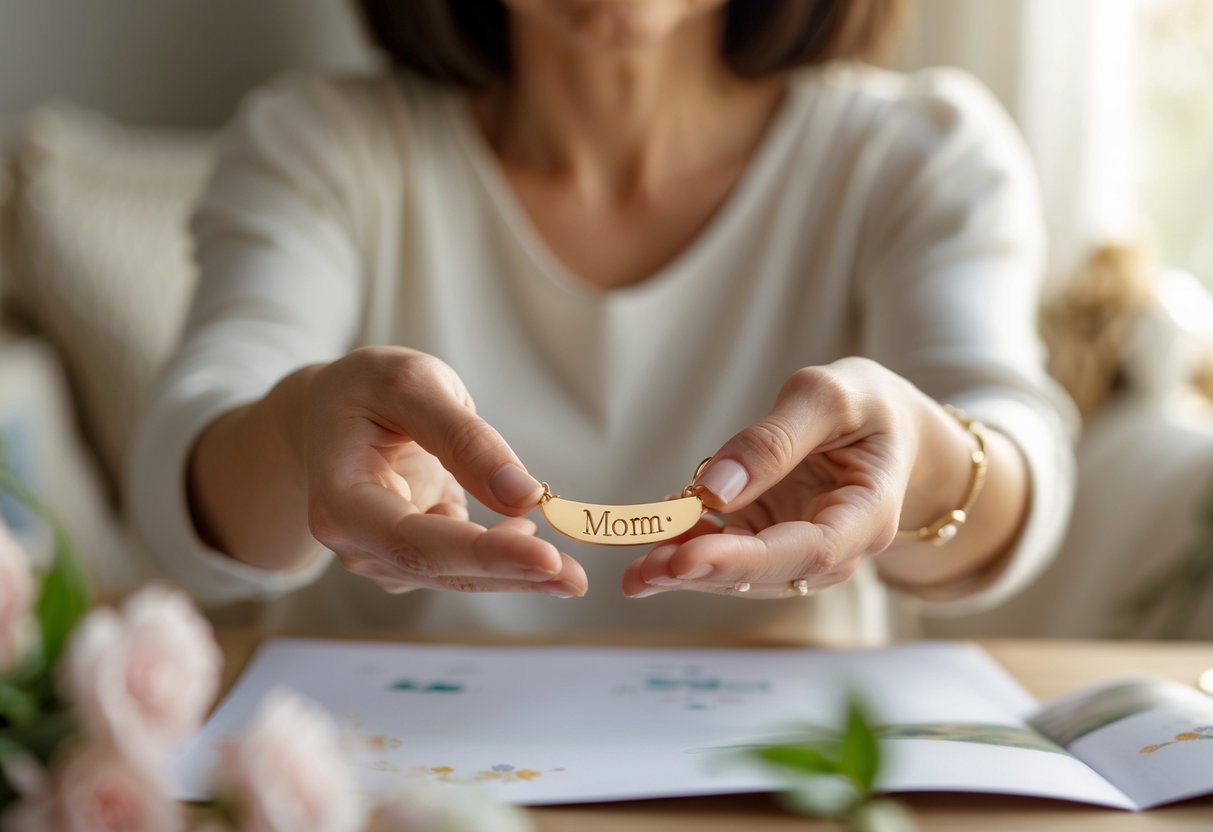 A mother happily holding a piece of personalized jewelry in her hands, surrounded by a cozy home setting.