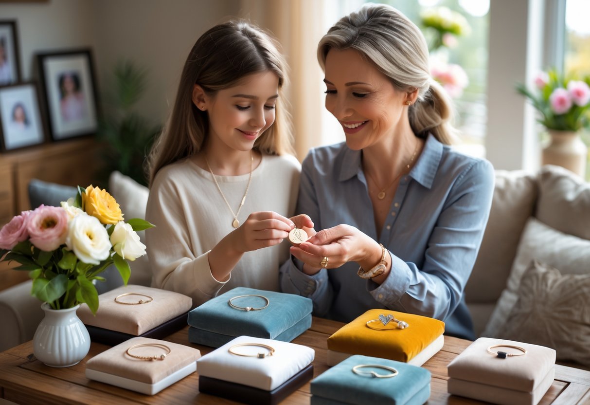 A mother smiling as she receives a personalized necklace from a family member, with various personalized jewelry pieces displayed on a table nearby.