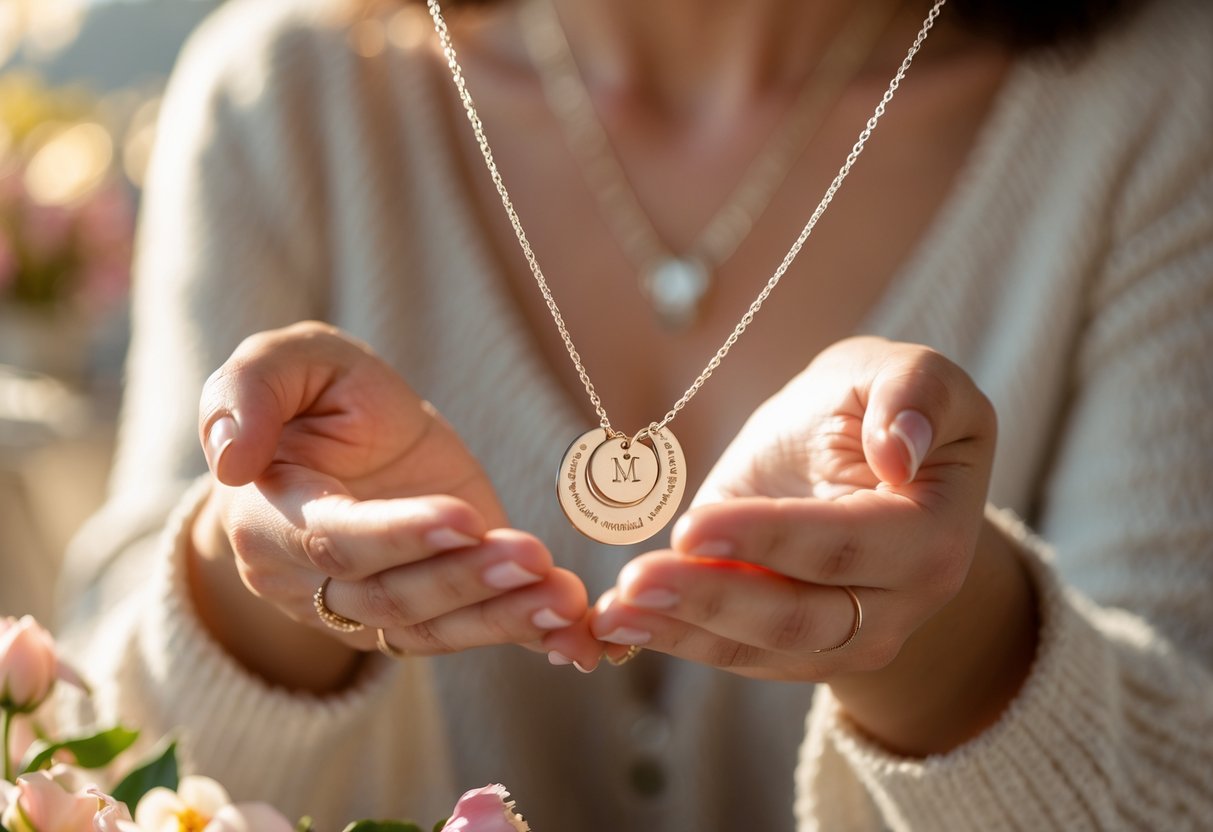 Close-up of a woman holding a delicate personalized necklace with engraved name pendants in a warm, cozy setting.