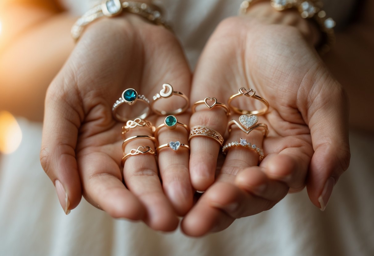 Close-up of a woman's hands holding several meaningful rings with personalized details, symbolizing love and dedication.