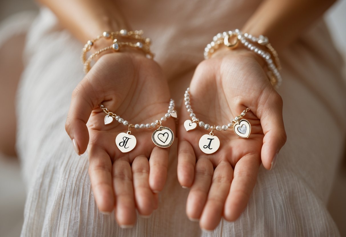 Close-up of a woman's hands wearing bracelets and personalized charm bracelets with meaningful symbols.