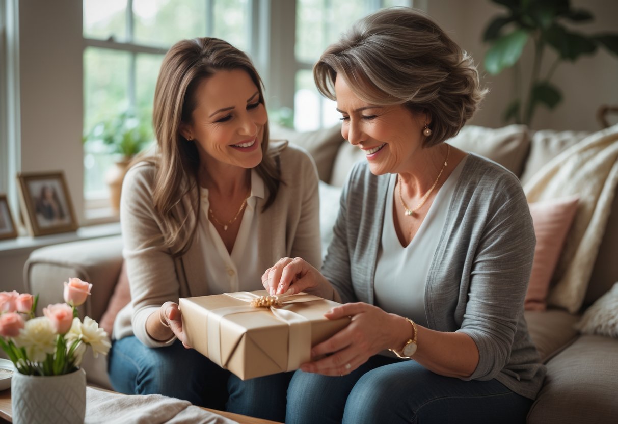 A mother receiving a personalized jewelry gift from her daughter in a cozy living room, both smiling warmly.
