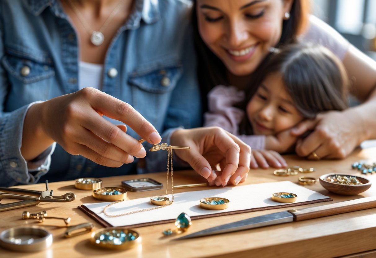 A jeweler crafting personalized jewelry with tools on a workbench while a mother wearing a custom necklace hugs her child in the background.