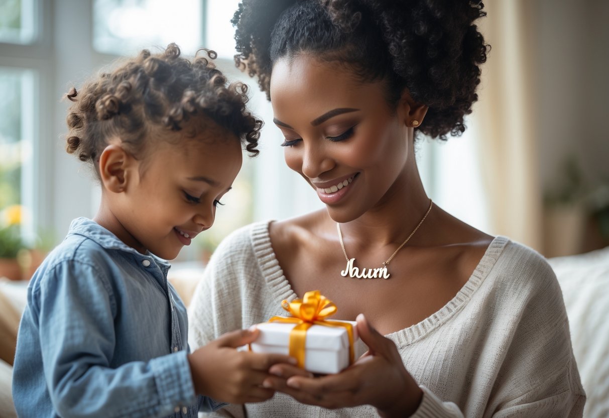 A mother receiving a small gift box from her child while wearing a personalized necklace, sharing a loving moment at home.