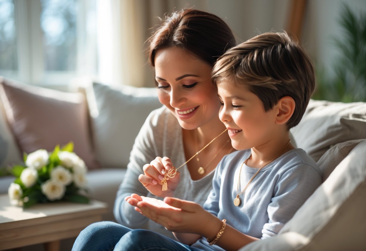 A mother happily receiving a personalized jewelry gift from her child in a cozy living room.