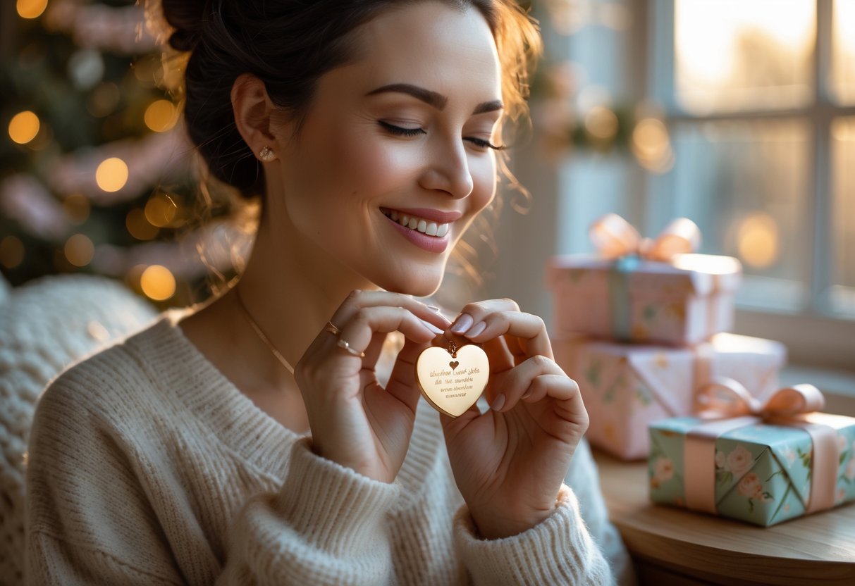 A woman smiling warmly while holding a personalized heart-shaped necklace, surrounded by wrapped gift boxes on a table.