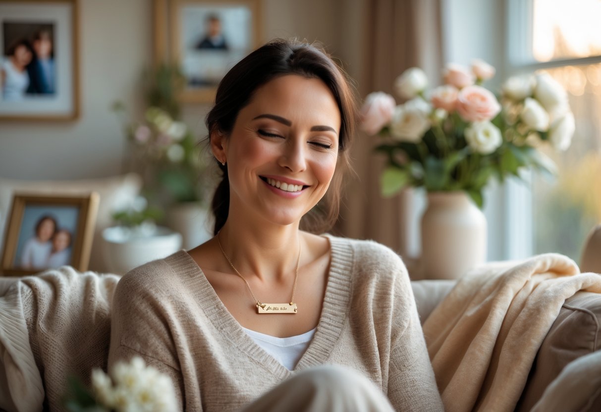 A smiling mother wearing a personalized necklace, sitting comfortably in a cozy living room surrounded by family photos and flowers.