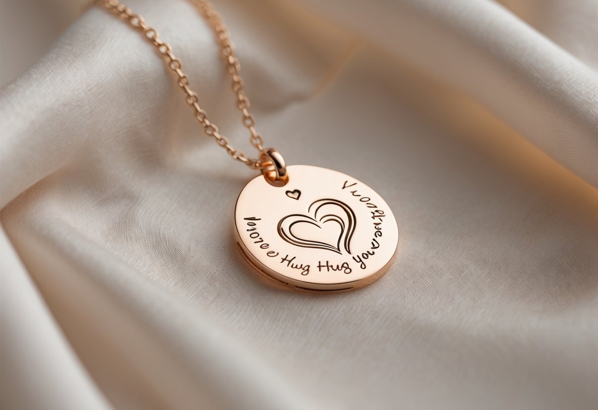 Close-up of a delicate engraved necklace pendant on a soft fabric background.