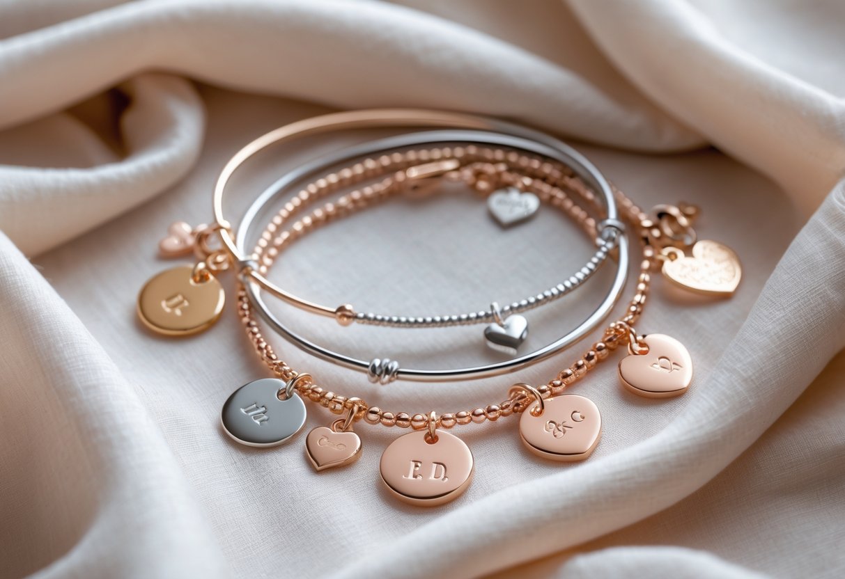 Close-up of various bracelets and bangles arranged on soft fabric, highlighting their details and textures.