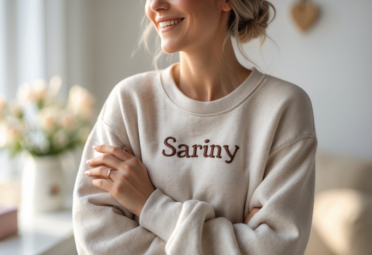 A smiling mother wearing a soft, cozy sweatshirt in a bright room, looking content and comfortable.