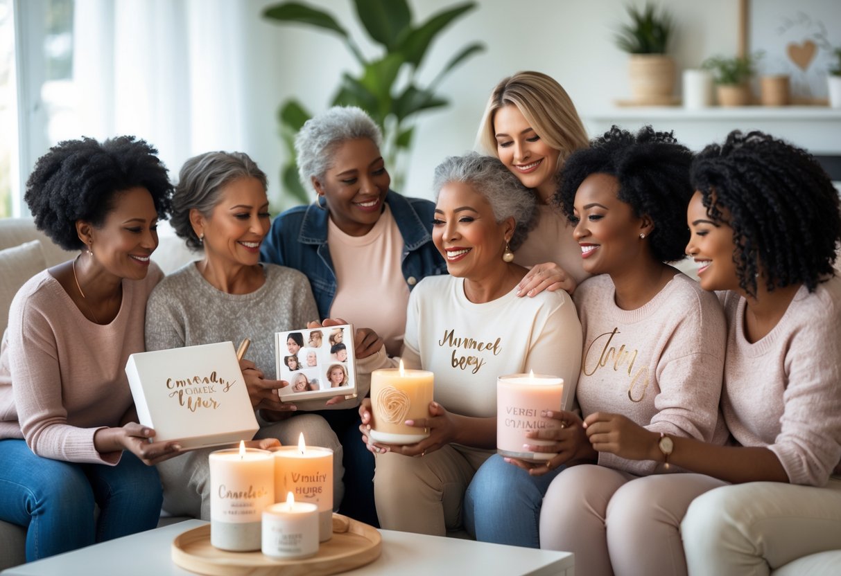Mothers happily receiving and holding personalized gifts like cozy blankets, photo books, candles, and family portraits in a bright living room.
