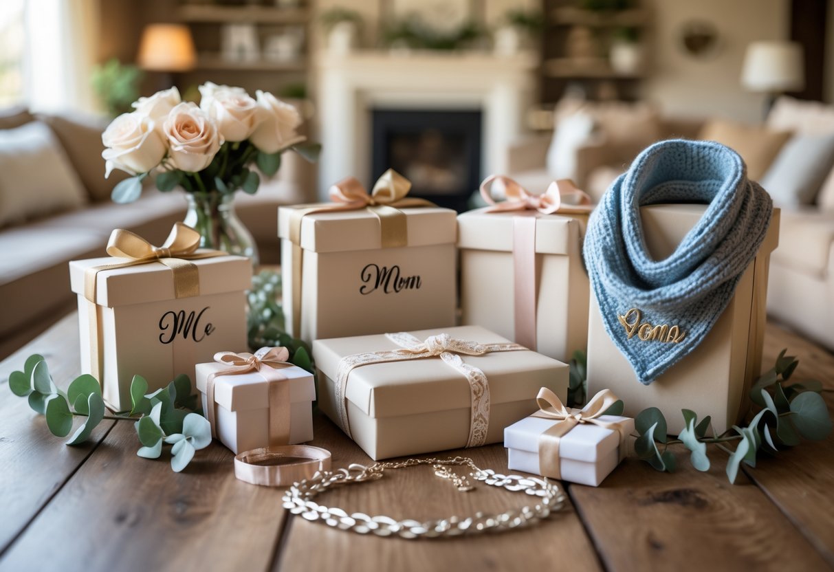 A collection of personalized gifts for moms, including engraved jewelry, knit scarves, and wrapped boxes, arranged on a wooden table with flowers and a cozy living room background.