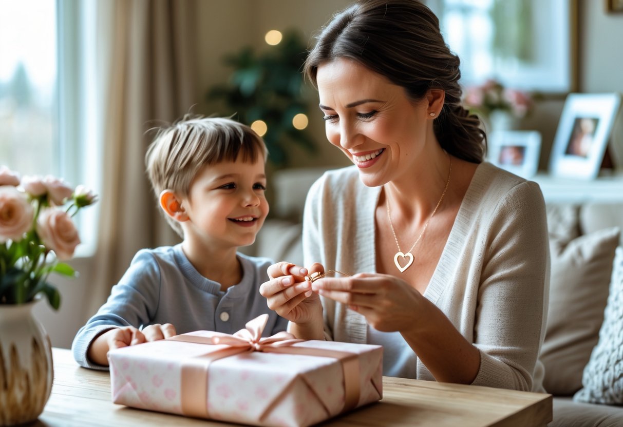 A mother smiling as she receives a heart-shaped necklace from her child in a cozy living room.