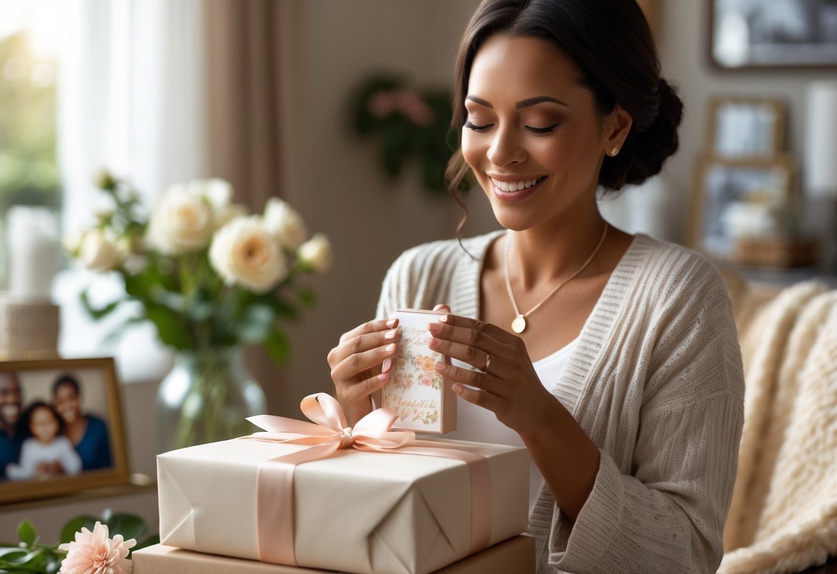 A mother smiling warmly as she holds a beautifully wrapped personalized jewelry gift in a cozy living room.
