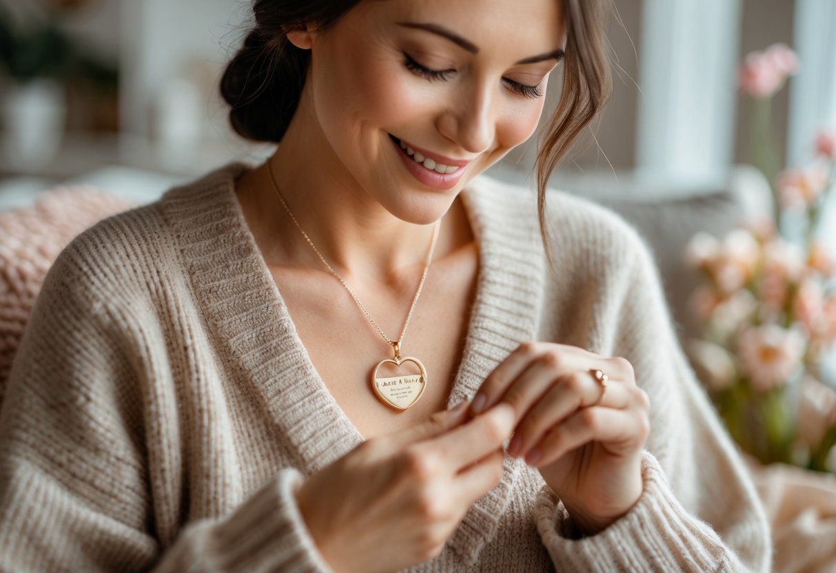 A mother smiling gently while wearing a personalized necklace, sitting comfortably in a cozy home setting.