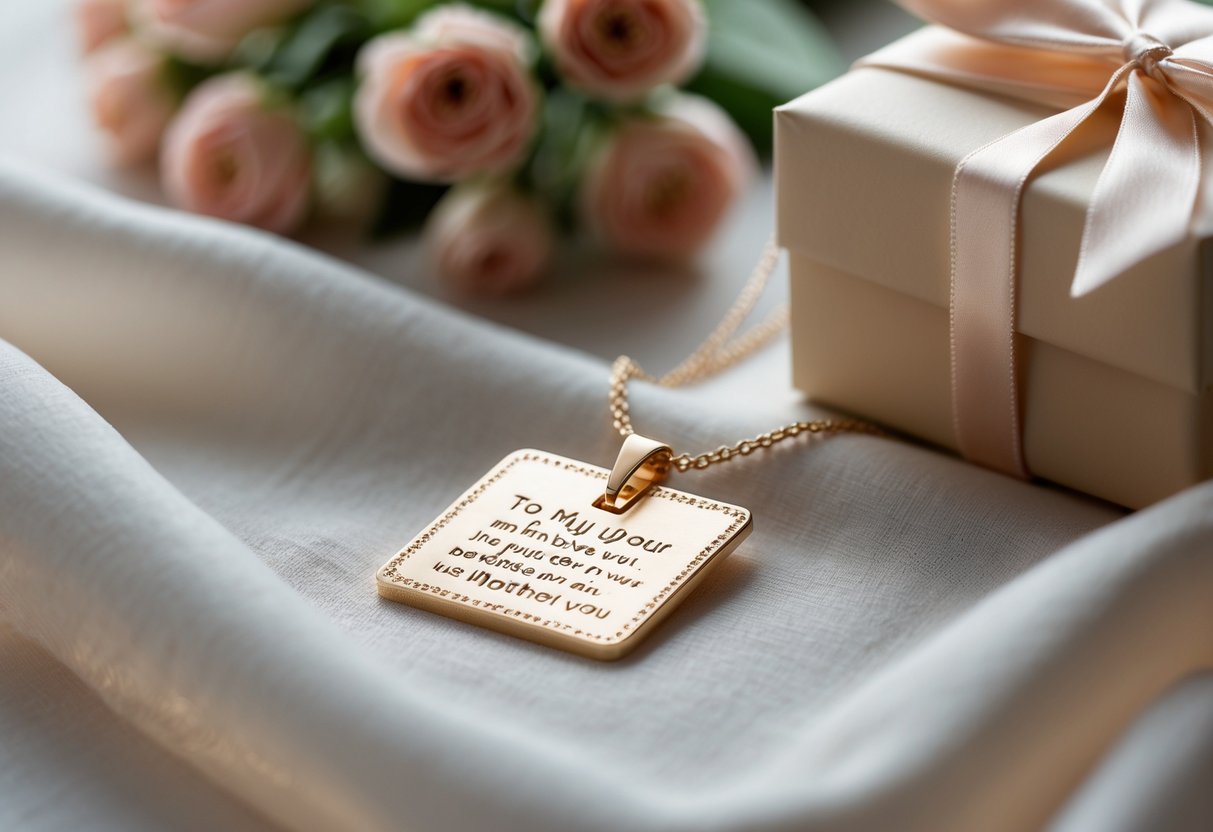 Close-up of a delicate message card pendant necklace resting on soft fabric, with flowers and a gift box nearby.