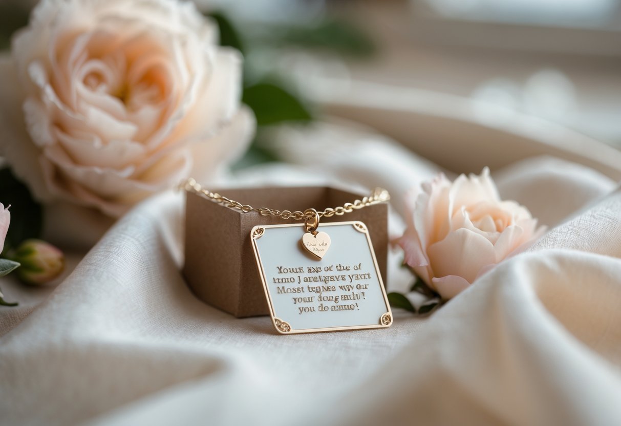 Close-up of a delicate necklace with a small card charm on a soft fabric background, surrounded by flowers.