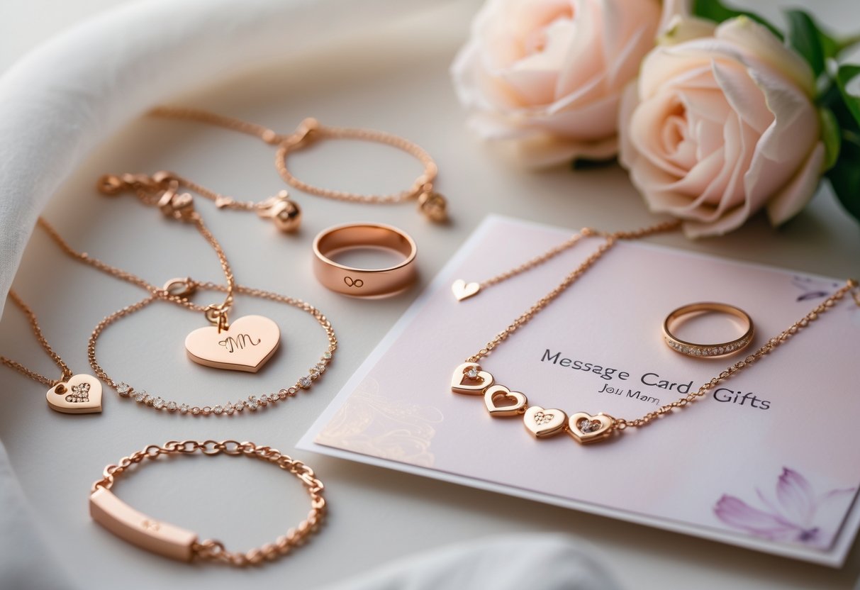 A collection of delicate jewelry pieces including necklaces, bracelets, and rings displayed alongside a pastel-colored message card on a soft surface.