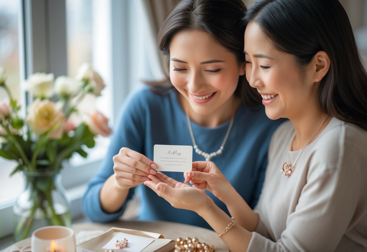 A mother and adult child sharing a joyful moment as the child gives the mother a piece of personalized jewelry with a small card attached.
