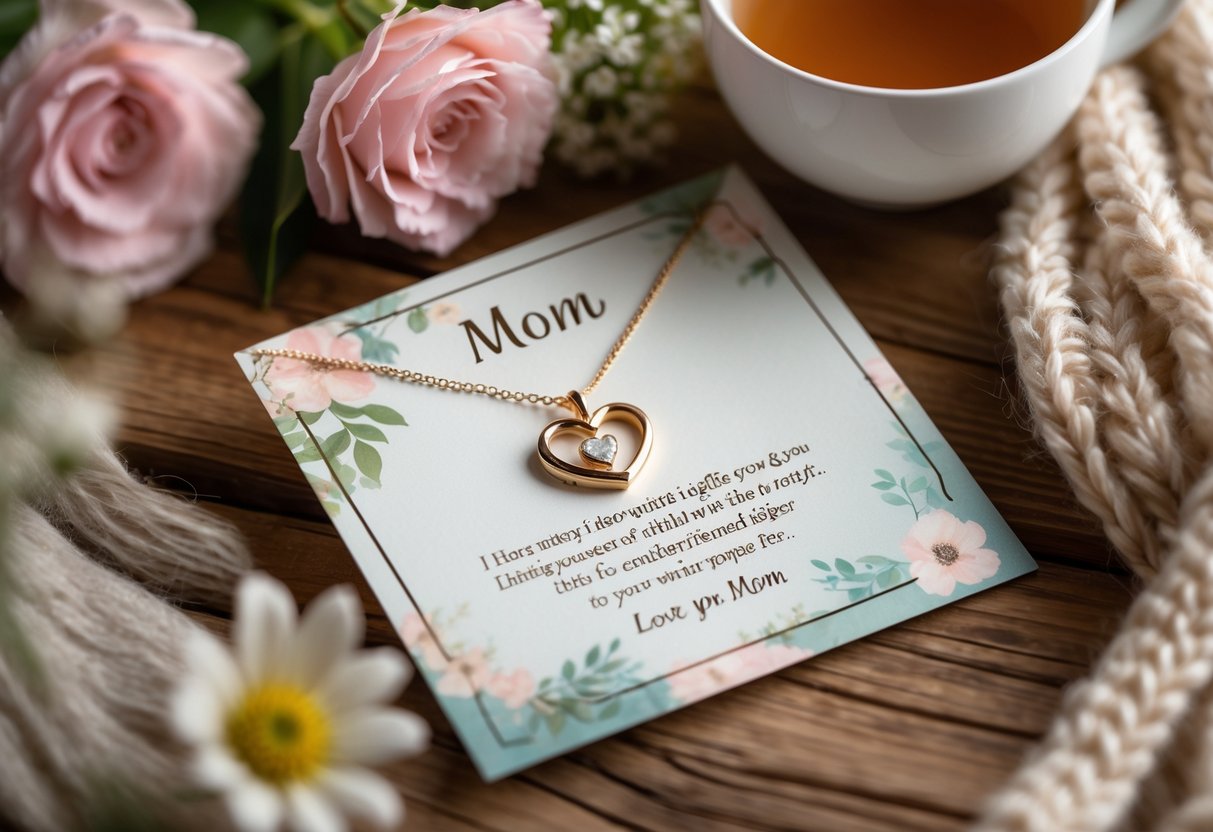 Close-up of a heart-shaped pendant necklace resting on an open handmade card surrounded by flowers and a cup of tea on a wooden table.