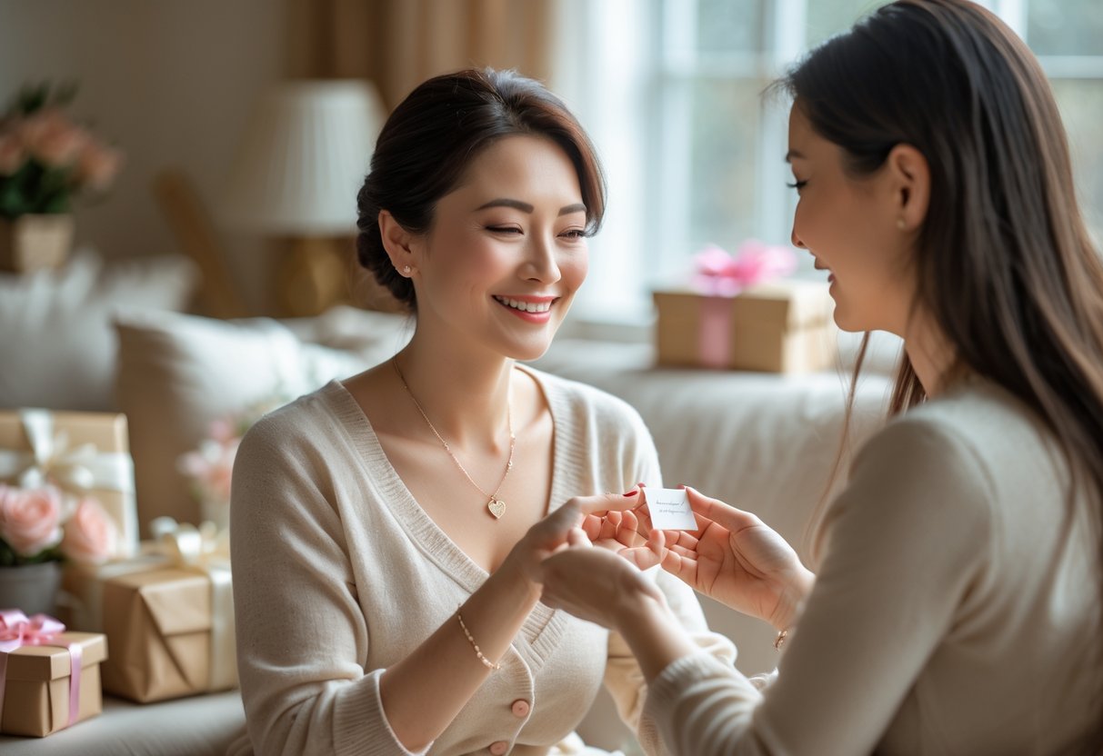 A mother receiving a delicate piece of message card jewelry as a personalized gift from her child in a cozy living room.