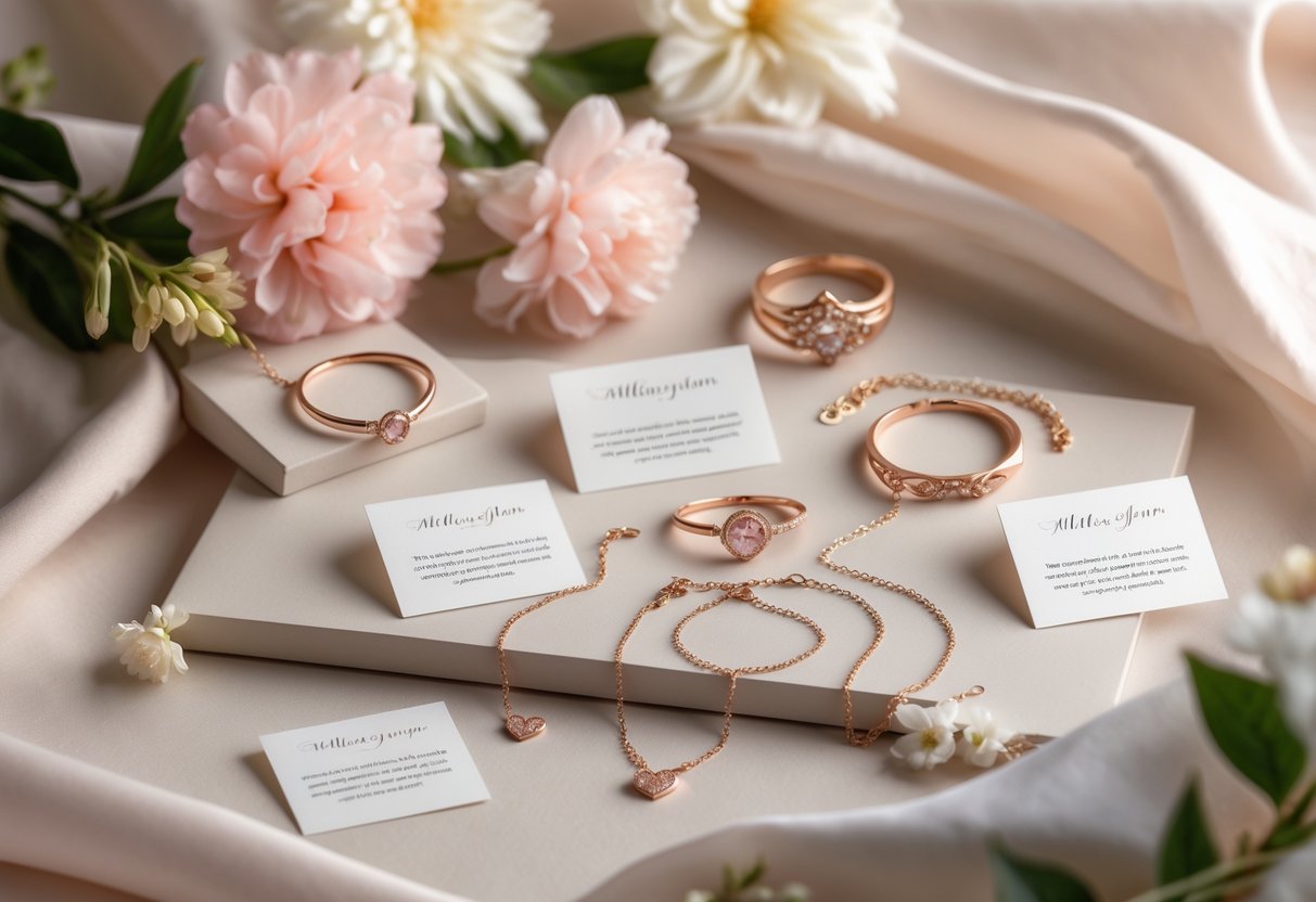 A collection of delicate jewelry pieces displayed with small message cards and soft flowers on a neutral surface.
