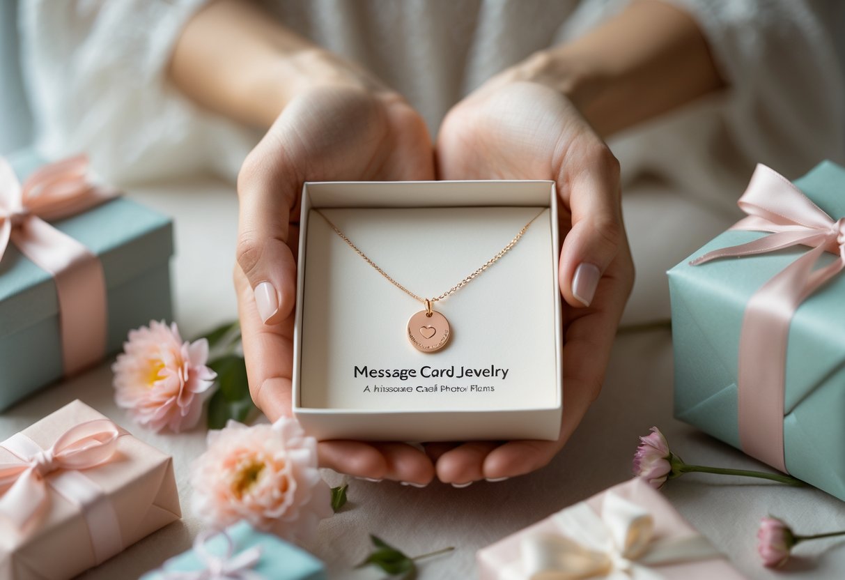 Close-up of a woman's hands holding a delicate piece of jewelry surrounded by gift boxes and flowers.