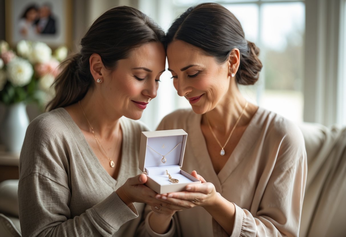 A daughter gently placing a personalized necklace around her mother's neck in a cozy living room, both sharing a tender moment.