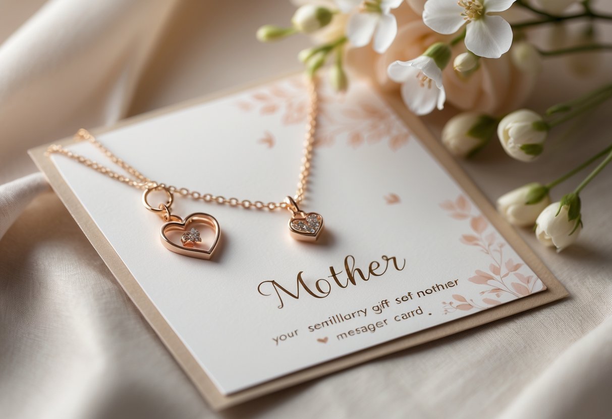 A close-up of a delicate jewelry gift with a decorative message card on a soft surface.