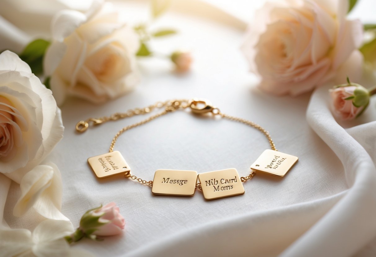 Close-up of delicate personalized message card jewelry with flowers on a soft fabric surface.