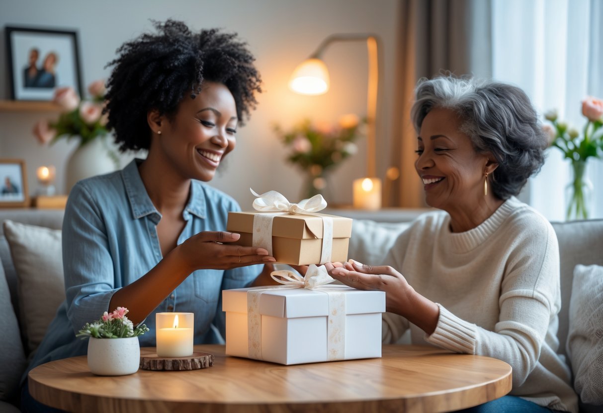 A mother and adult child sitting at a table as the child gives the mother a wrapped personalized gift, both smiling warmly in a cozy living room.