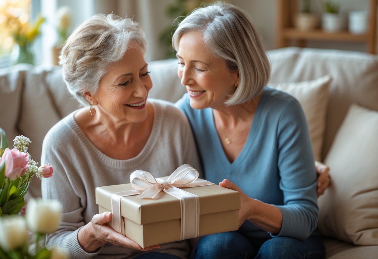 A mother smiling as she receives a personalized gift from her adult child in a cozy living room.