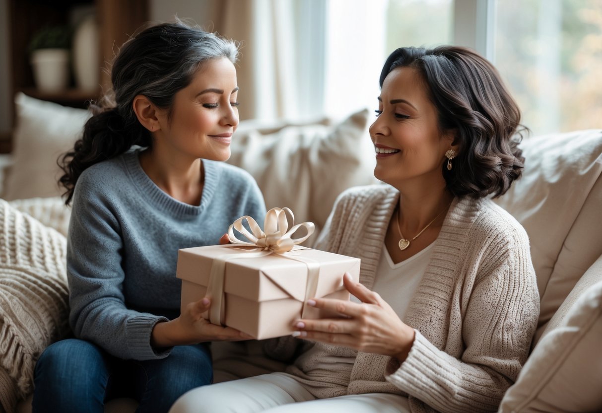 A mother receiving a personalized gift from her adult child in a cozy living room, both sharing a warm and emotional moment.