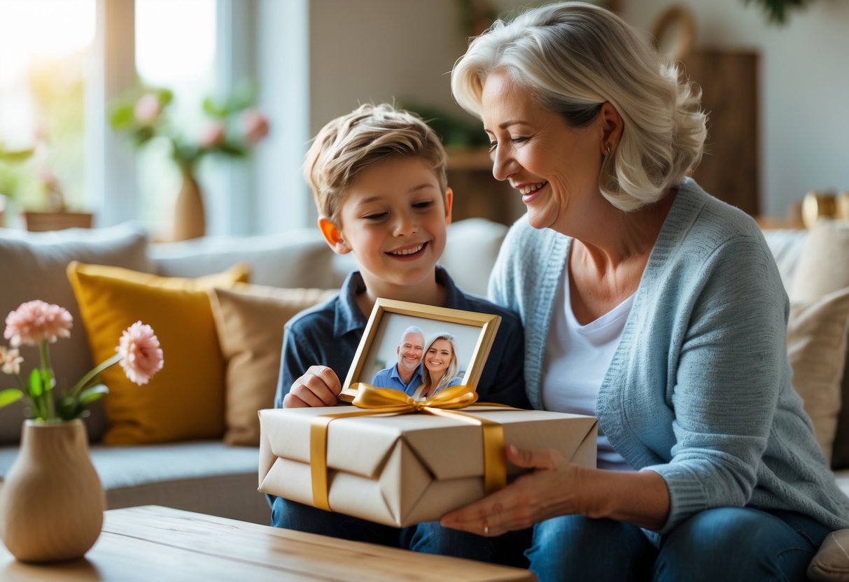 A mother receiving a personalized gift from her adult child in a cozy living room, both smiling warmly.