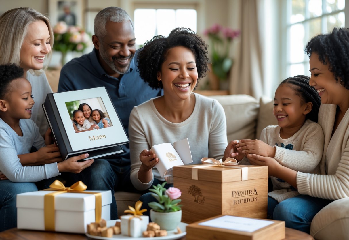 A mother happily receiving personalized gifts from her family in a cozy living room, surrounded by warm expressions and loving gestures.