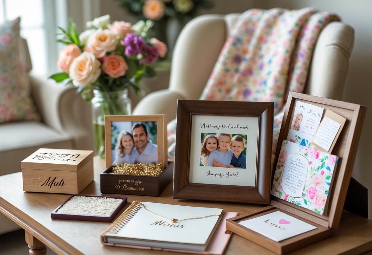 A collection of personalized gifts for a mother arranged on a table, including a jewelry box, framed photo, scrapbook, monogrammed blanket, and a necklace, in a cozy living room setting.