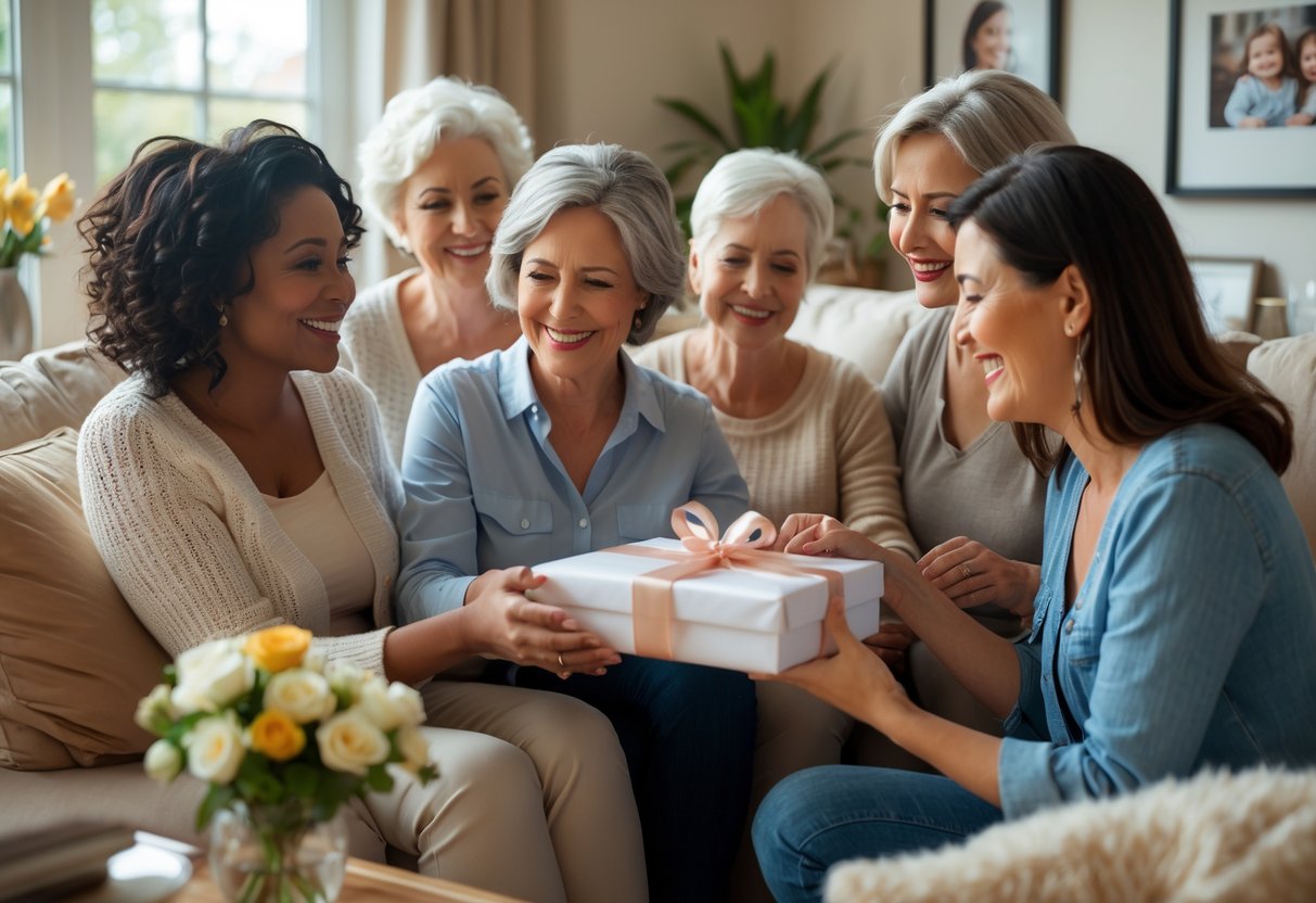 A middle-aged woman happily receiving a personalized gift from a younger woman in a cozy living room filled with family photos and flowers.