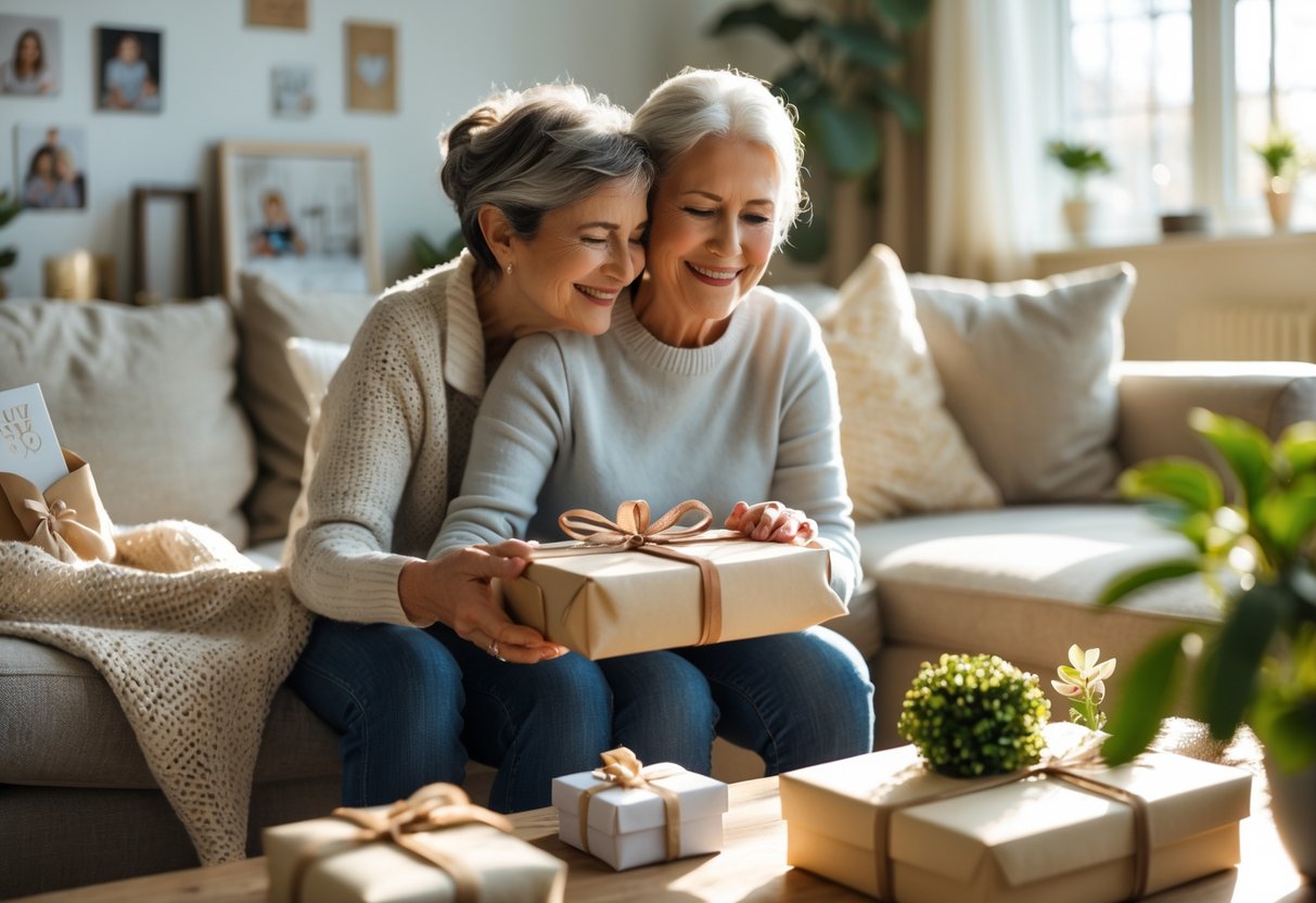 A mother happily receiving a personalized gift from her adult child in a cozy living room filled with handmade presents.