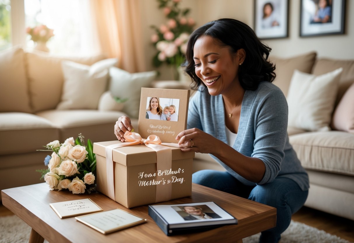A mother happily opening a personalized gift box containing jewelry, a photo album, and flowers in a cozy living room surrounded by family photos.