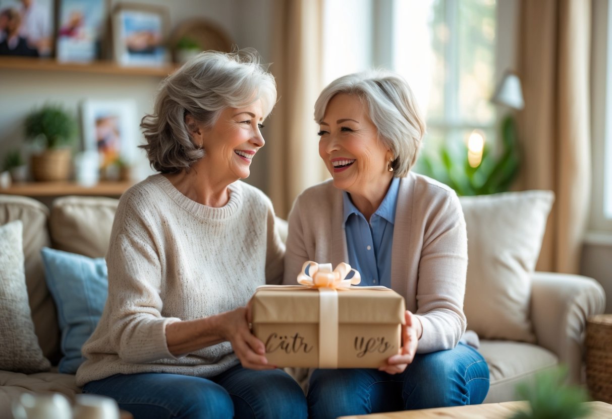 A mother receives a personalized gift from her adult child in a cozy living room, both smiling warmly.