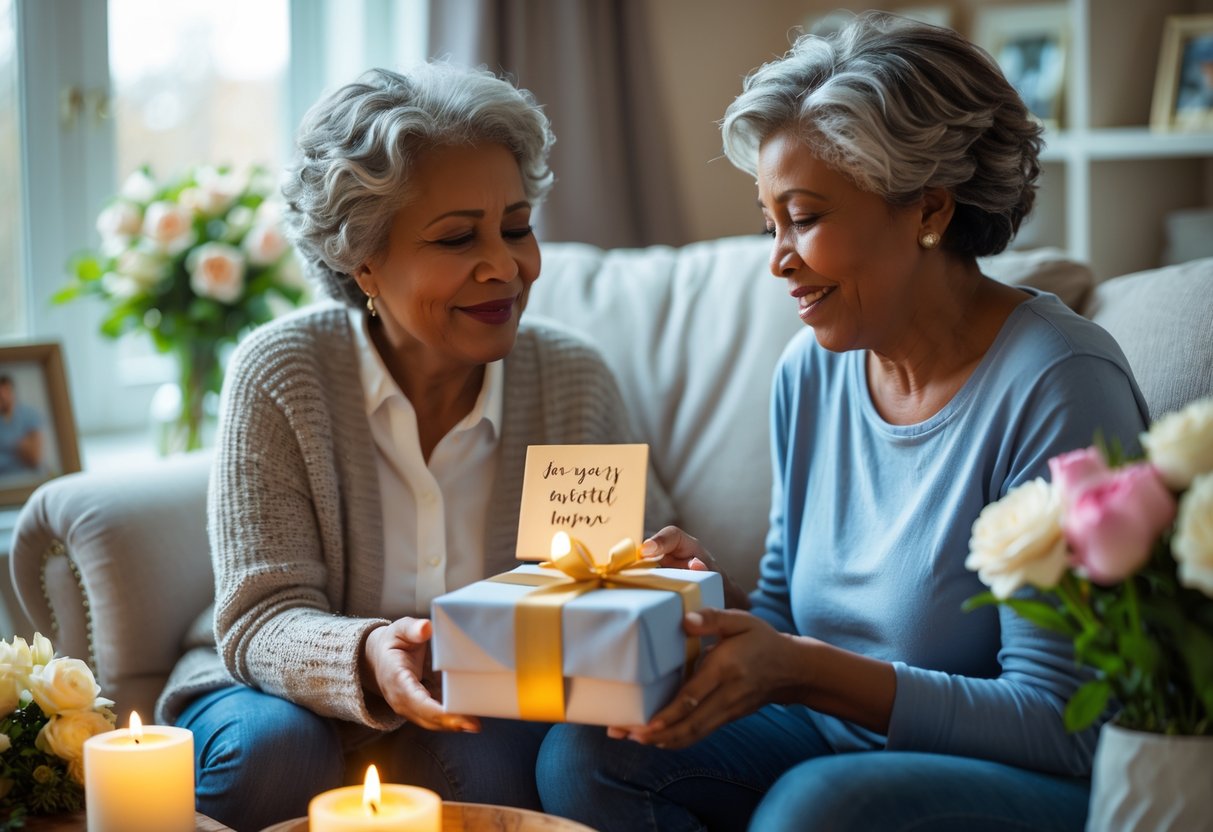 A mother receiving a personalized gift from her adult child in a cozy living room, both sharing a warm and emotional moment.
