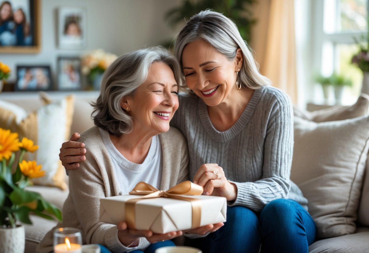 A mother and adult child sharing a joyful moment as the child gives the mother a personalized gift in a cozy living room.