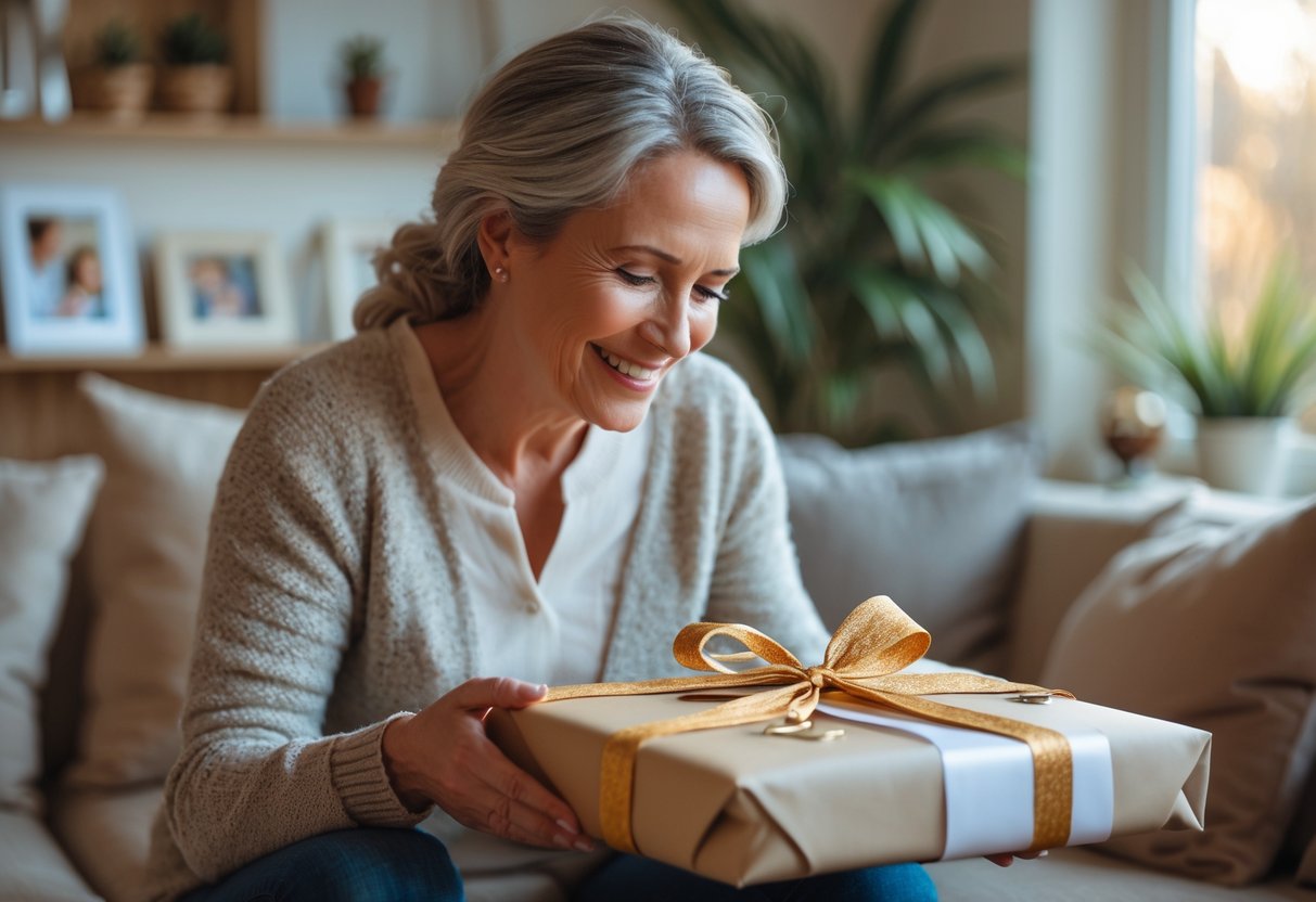 A mother receiving a personalized gift from her child in a cozy living room, showing a moment of love and appreciation.