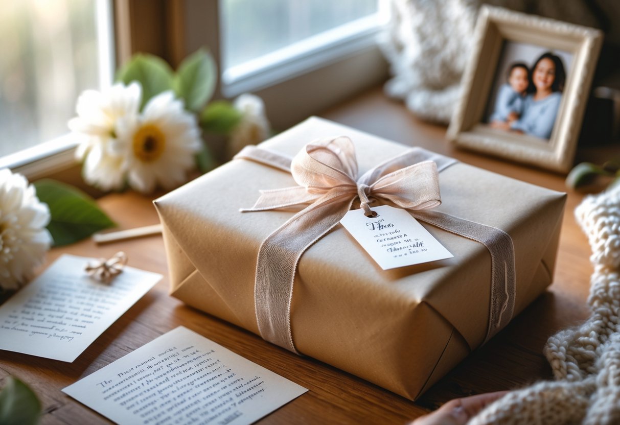 A personalized gift box with a ribbon on a wooden table surrounded by a handwritten letter, a photo frame with a mother and child, and soft natural light coming through a window.