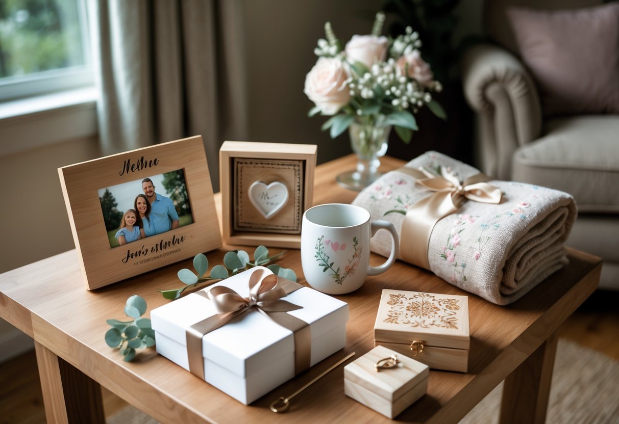 A collection of personalized gifts for mom displayed on a wooden table, including a photo frame, ceramic mug, embroidered blanket, and jewelry box in a cozy living room setting.