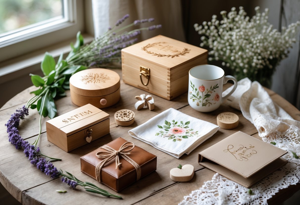 A collection of handmade personalized gifts for mom arranged on a wooden table with flowers and soft natural light.