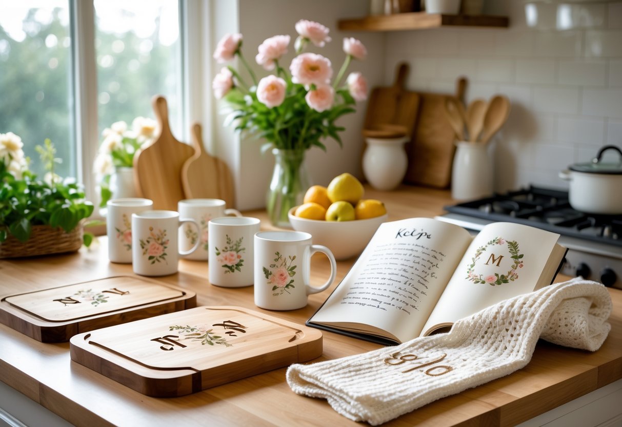 A cozy kitchen countertop displaying personalized wooden cutting boards, custom mugs, a hand-painted recipe book, and an embroidered kitchen towel with fresh flowers and fruit nearby.